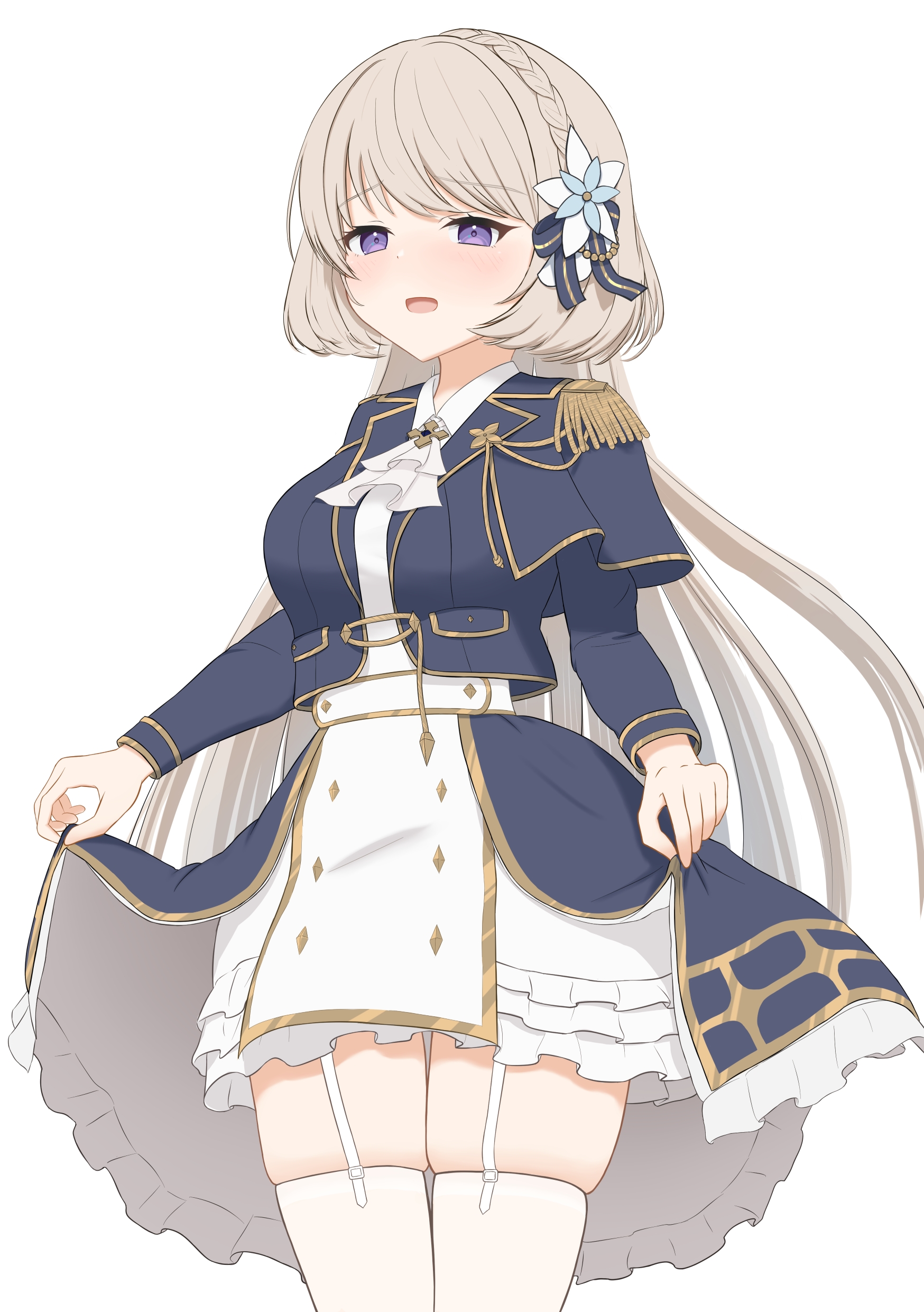 dorothea kirkland, muv-luv, muv-luv girls garden, absurdres, highres, 1girl, ascot, black capelet, black jacket, blonde hair, blush, bow, braid, capelet, clothes grab, crown braid, dress, flower, frilled ascot, frills, gold trim, hair bow, hair flower, hair ornament, jacket, long hair, minato ykmc, open clothes, open jacket, open mouth, purple eyes, solo, thighhighs, white background, white dress, white thighhighs