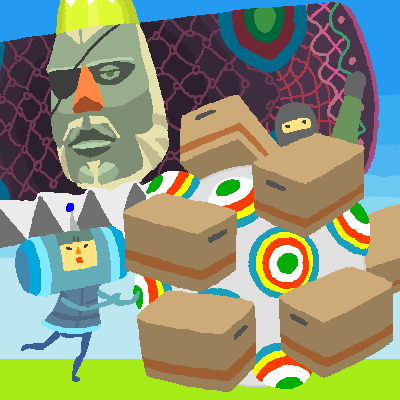 king of all cosmos, the prince, katamari damacy, metal gear (series), metal gear solid, lowres, beard, big boss (cosplay), box, cosplay, eyepatch, facial hair, headband, oekaki, parody, soldier, solid snake (cosplay), what