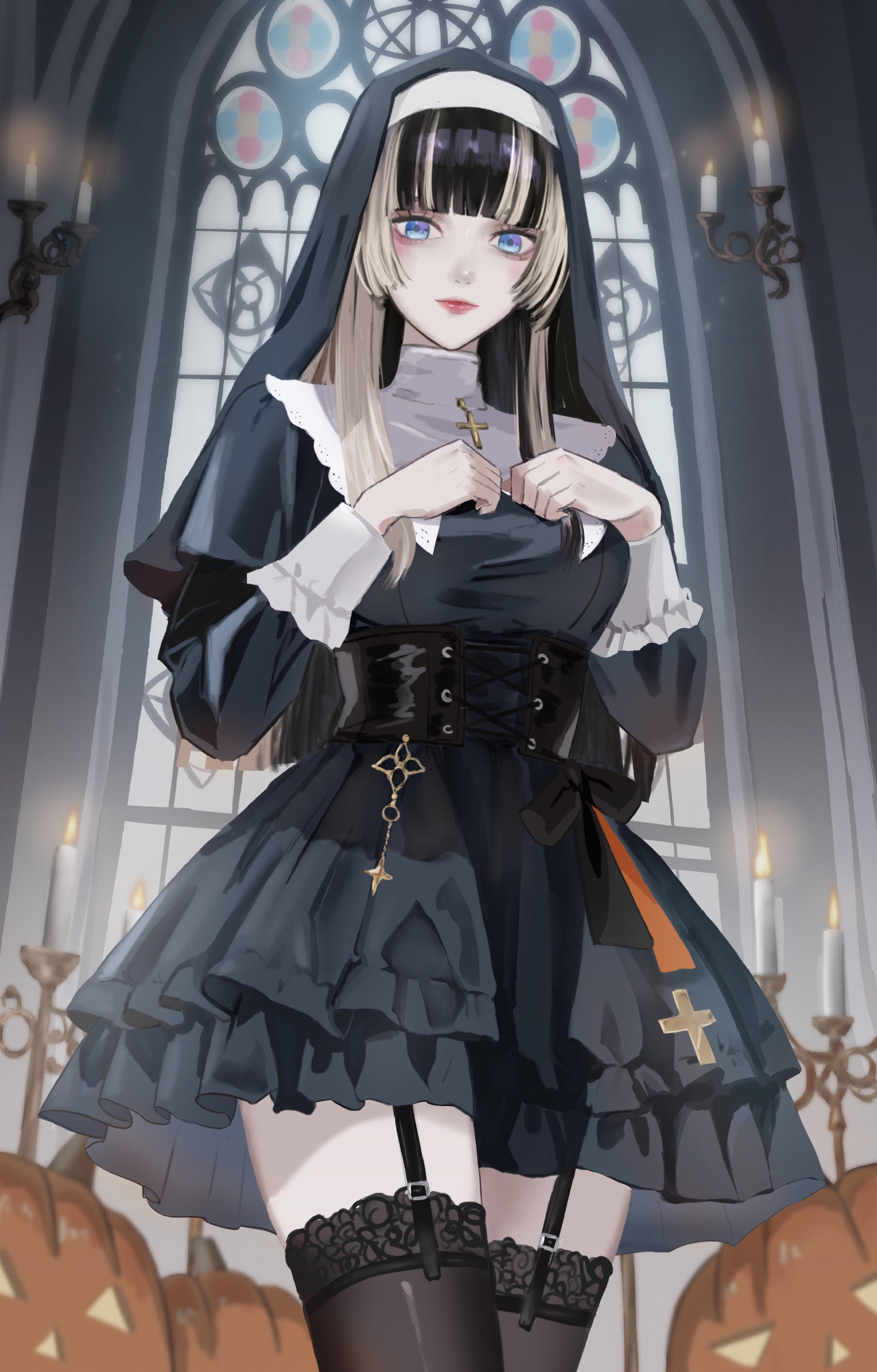 dhbwinner, juufuutei raden, hololive, hololive dev is, absurdres, commentary request, highres, 1girl, alternate costume, black coif, black corset, black dress, black hair, black thighhighs, blonde hair, blue eyes, blunt bangs, breasts, candle, candlestand, closed mouth, corset, cross-laced clothes, cross-laced corset, dress, frilled dress, frills, garter straps, guimpe, halloween, hands on own chest, high collar, hime cut, indoors, jack-o'-lantern, lace, lace-trimmed thighhighs, lace trim, lips, long hair, long sleeves, looking at viewer, multicolored hair, nun, puritan collar, red lips, rosary, short dress, sleeve cuffs, solo, streaked hair, thighhighs, two-tone hair, virtual youtuber