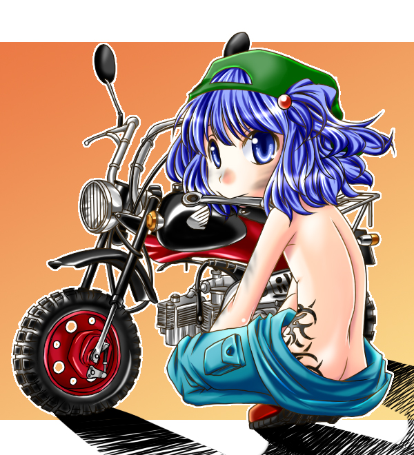 crow (crowatelier), jude, kawashiro nitori, sherbet, touhou, vehicle, bad id, bad pixiv id, 1girl, ass, blue eyes, blue hair, butt crack, downpants, female focus, flat chest, hair bobbles, hair ornament, hat, jumpsuit, looking back, matching hair/eyes, mechanic, motor vehicle, motorcycle, mouth hold, short hair, solo, tattoo, topless female, twintails, two side up, wrench