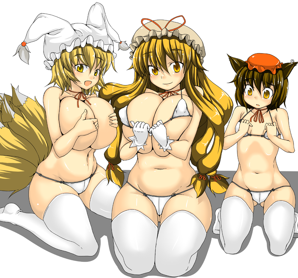 nira, chen, yakumo ran, yakumo yukari, touhou, 3girls, animal ears, bikini, blonde hair, blush, breast envy, breasts, brown hair, choker, curvy, earrings, female focus, flat chest, gloves, hat, huge breasts, jewelry, long hair, micro bikini, multiple girls, navel, open mouth, ribbon, ribbon choker, short hair, swimsuit, tail, thighhighs, white gloves, white thighhighs, yellow eyes