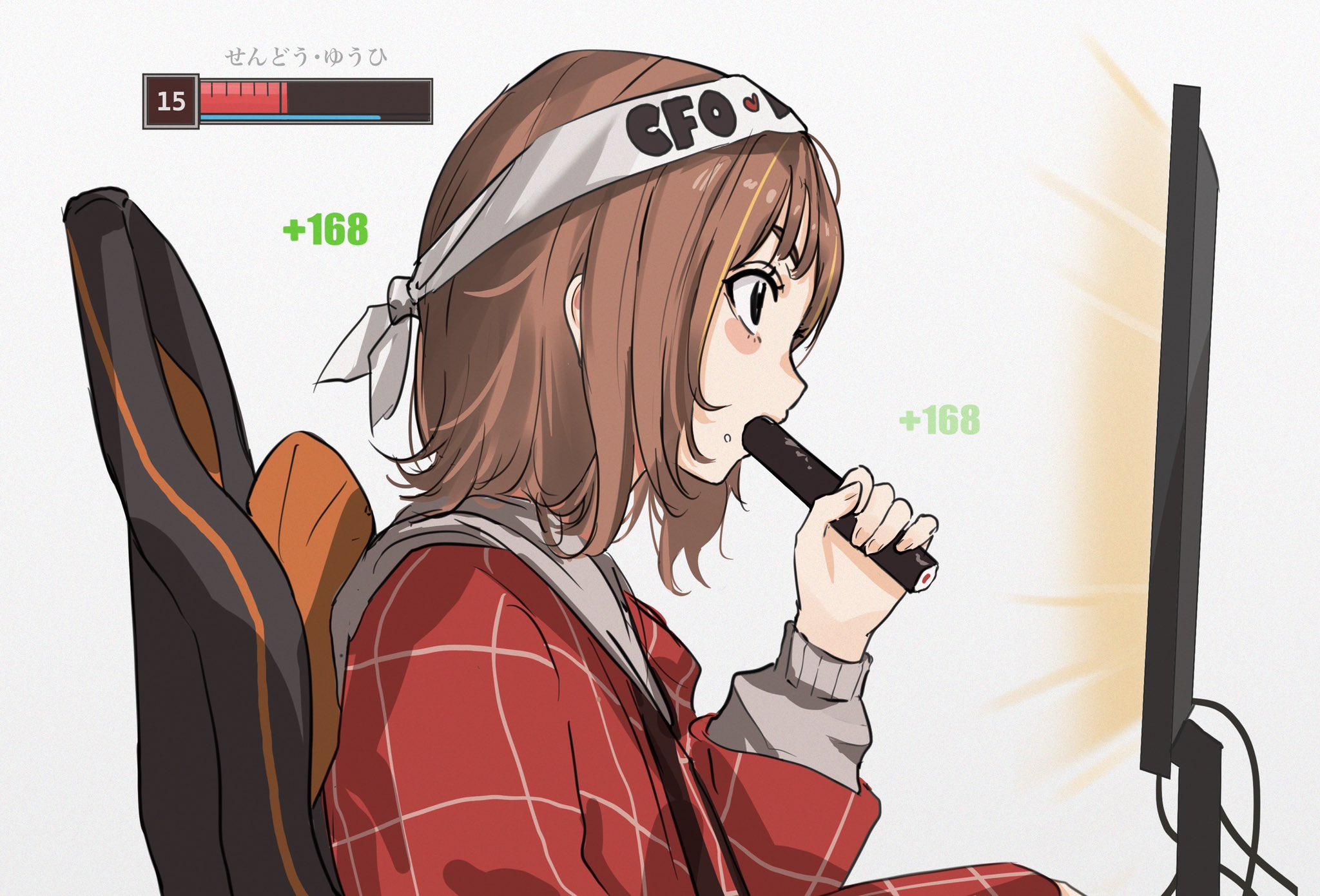 .akuma, sendo yuuhi, sendo yuuhi (loungewear), league of legends, vspo!, commentary request, highres, 1girl, brown hair, chair, computer, eating, food, food on face, from side, gameplay mechanics, gaming chair, grey hoodie, grid print, hand up, headband, holding, holding food, hood, hood down, hoodie, jacket, long sleeves, makizushi, medium hair, monitor, puffy long sleeves, puffy sleeves, red jacket, simple background, solo, sushi, swivel chair, virtual youtuber, white background, white headband