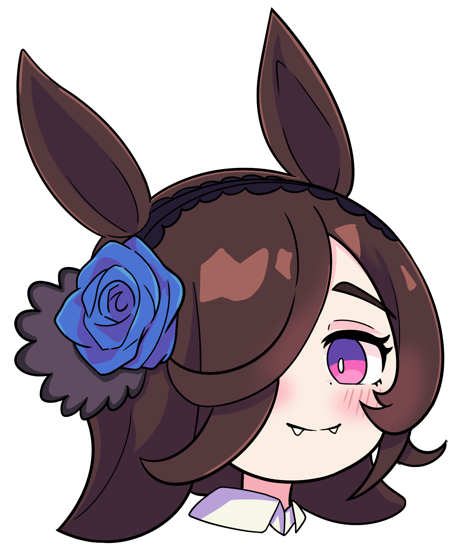 rice shower (make up vampire!) (umamusume), rice shower (umamusume), umamusume, highres, 1girl, animal ears, blue flower, blue rose, brown hair, flipped hair, flower, frilled hairband, frills, hair over one eye, hairband, halloween, halloween costume, horse ears, horse girl, long hair, looking at viewer, mem chi, official alternate costume, purple eyes, rose, shirt, solo, white shirt