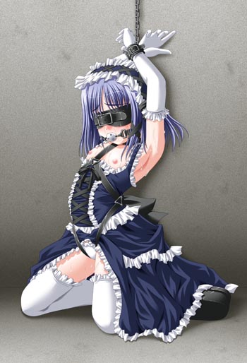 mekakushi (artist), mekakushi shoujo, lowres, aged down, arched back, arms up, ball gag, bdsm, blindfold, blue hair, bondage, bound, bound wrists, ceiling-chained, chain, chained, chained wrists, cuffs, dress, elbow gloves, female focus, gag, gagged, gloves, headband, kneeling, loli, medium hair, nipples, panties, ribbon, rope, shoes, thighhighs, underwear, wrist cuffs