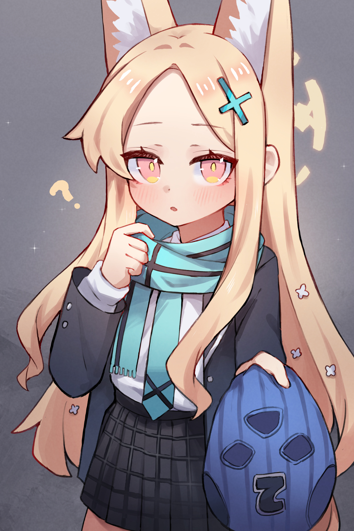 miya (miyaruta), seia (blue archive), shiroko (blue archive), blue archive, commentary, english commentary, highres, 1girl, ?, animal ear fluff, animal ears, black jacket, black skirt, blazer, blonde hair, blue necktie, blue scarf, blush, cosplay, cowboy shot, cross, cross hair ornament, extra ears, forehead, fox ears, fox girl, fox tail, grey background, hair ornament, halo, inverted cross, jacket, layered sleeves, long hair, long sleeves, looking at viewer, miniskirt, necktie, open clothes, open jacket, open mouth, parted bangs, pink eyes, plaid clothes, plaid skirt, scarf, school uniform, shiroko (blue archive) (cosplay), shirt, simple background, skirt, solo, tail, white shirt, yellow halo