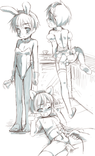 drawing, 1boy, aged down, anal, animal ears, cum, male focus, male penetrated, monochrome, open mouth, penis, rabbit, rabbit ears, sex, sex toy, shota, sketch, solo, thighhighs, trap, uncensored, vibrator