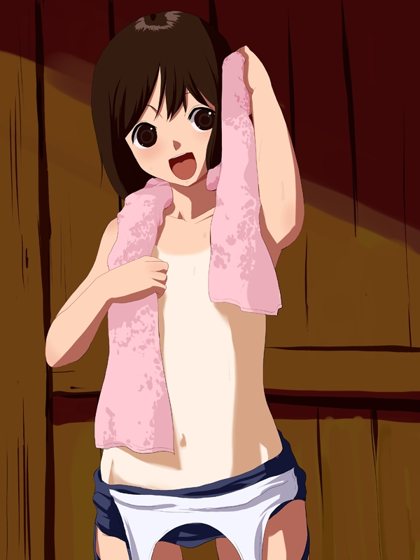 natori (natorism), 1girl, :d, clothes pull, female focus, flat chest, loli, one-piece swimsuit, one-piece swimsuit pull, one-piece tan, open mouth, school swimsuit, smile, solo, swimsuit, tan, tanline, topless female, towel, towel around neck