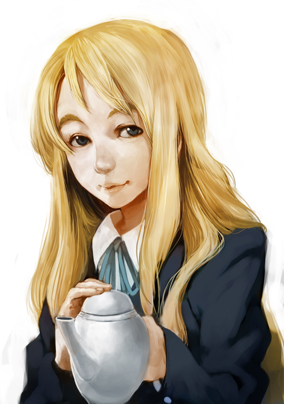 lack, kotobuki tsumugi, k-on!, bad id, bad pixiv id, 00s, 1girl, blonde hair, blue eyes, female focus, long hair, realistic, school uniform, solo, tea, teapot