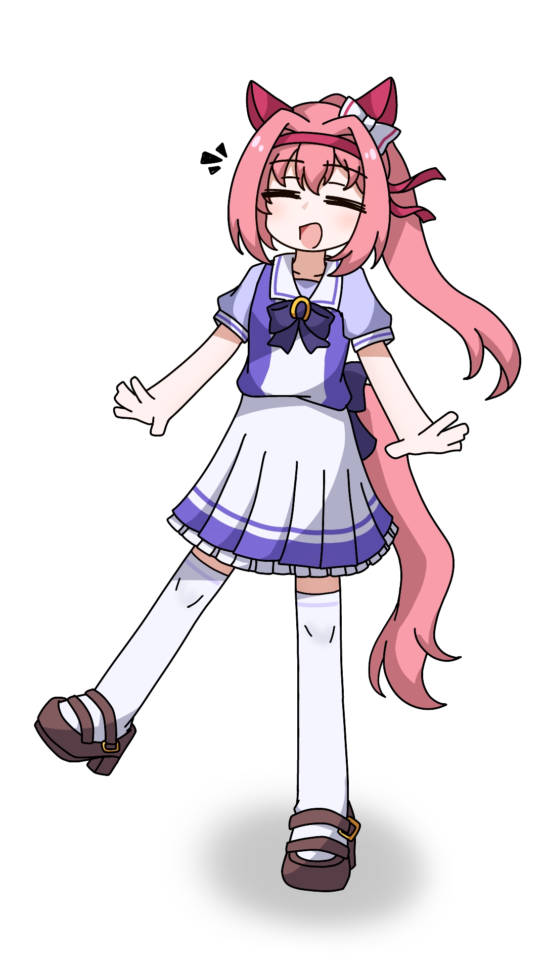 nakashiro116, haru urara (umamusume), umamusume, highres, 1girl, animal ears, blush, bow, ear bow, ear covers, hairband, headband, horse ears, horse girl, horse tail, long hair, open mouth, pink hair, pink headband, ponytail, red headband, school uniform, shirt, smile, solo, tail, tracen school uniform