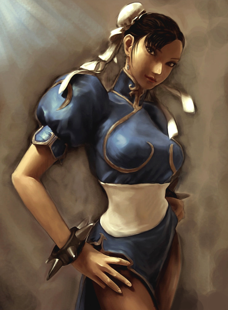chun-li, capcom, street fighter, 1girl, bracelet, bun cover, china dress, chinese clothes, double bun, dress, female focus, hair bun, hands on own hips, jewelry, pantyhose, pelvic curtain, ribbon, solo, spiked bracelet, spikes