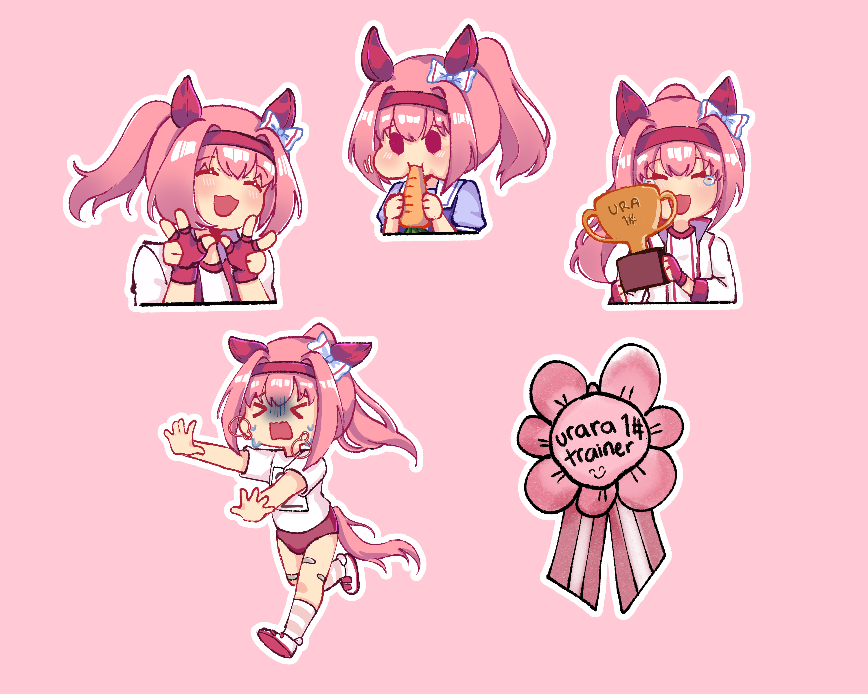 heriossu, haru urara (bestest prize) (umamusume), haru urara (umamusume), umamusume, absurdres, highres, animal ears, bandaid, bandaid on leg, bow, buruma, ear bow, ear covers, flower-shaped pupils, flower in eye, gloves, gym uniform, headband, horse ears, horse girl, horse tail, pink buruma, pink hair, pink headband, red buruma, red gloves, red headband, school uniform, symbol-shaped pupils, symbol in eye, tail, tracen school uniform