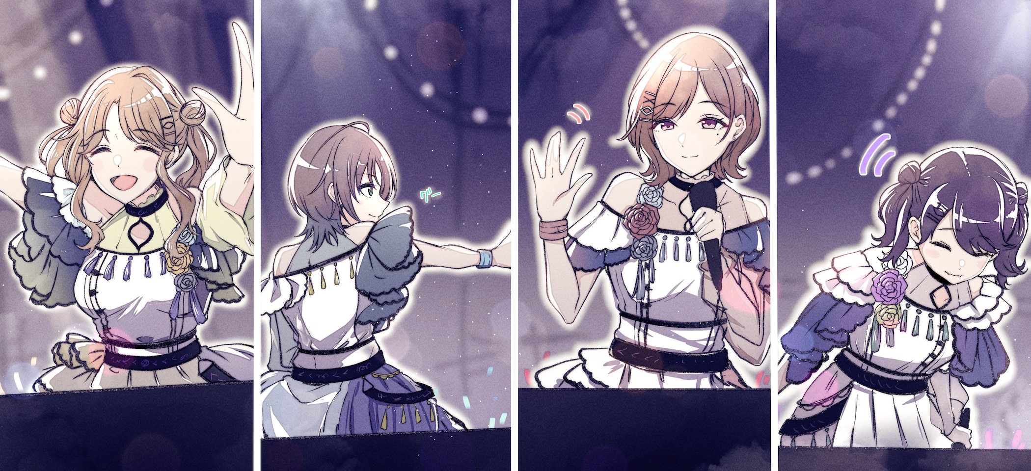 kusaka io, asakura toru, fukumaru koito, higuchi madoka, ichikawa hinana, noctchill (idolmaster), idolmaster, idolmaster shiny colors, commentary request, highres, 4girls, black hair, bowing, brown hair, closed eyes, collage, concert, dress, film grain, flower, gradient hair, hair ornament, long hair, microphone, mole, mole under eye, multicolored hair, multiple girls, open mouth, purple dress, purple eyes, rose, short hair, twintails, two-tone dress, upper body, waving, white dress