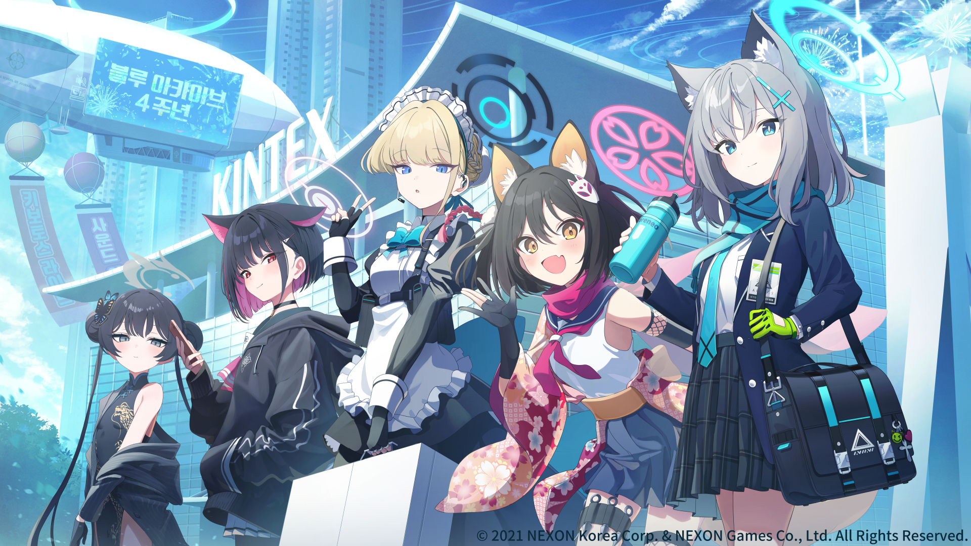 higashigure, izuna (blue archive), kazusa (blue archive), kisaki (blue archive), shiroko (blue archive), toki (blue archive), blue archive, commentary request, highres, official art, 5girls, animal ear fluff, animal ears, apron, bag, black bag, black dress, black gloves, black hair, black jacket, black skirt, blonde hair, blue bow, blue eyes, blue halo, blue jacket, blue necktie, blue sailor collar, blue scarf, blue skirt, blush, bottle, bow, bun cover, cat ears, cat girl, cellphone, china dress, chinese clothes, closed mouth, colored inner animal ears, colored inner hair, cross hair ornament, double bun, dragon print, dress, extra ears, fang, fox ears, fox girl, fox tail, gloves, green gloves, grey eyes, grey halo, hair between eyes, hair bun, hair ornament, halo, hand in pocket, holding, holding bag, holding bottle, holding phone, holding suitcase, holster, jacket, japanese clothes, kimono, long hair, looking at viewer, maid, maid apron, maid headdress, multicolored hair, multiple girls, neckerchief, necktie, open clothes, open hand, open jacket, open mouth, partially fingerless gloves, phone, pink hair, pink halo, pink neckerchief, pink scarf, plaid clothes, plaid skirt, pleated skirt, red eyes, sailor collar, sash, scarf, shirt, short hair, sidelocks, single bare shoulder, single glove, skin fang, skirt, sleeveless, sleeveless dress, sleeveless shirt, smartphone, suitcase, tail, thigh holster, twintails, two-tone hair, v, white apron, white shirt, wolf ears, wolf girl, yellow eyes, yellow kimono, yellow sash