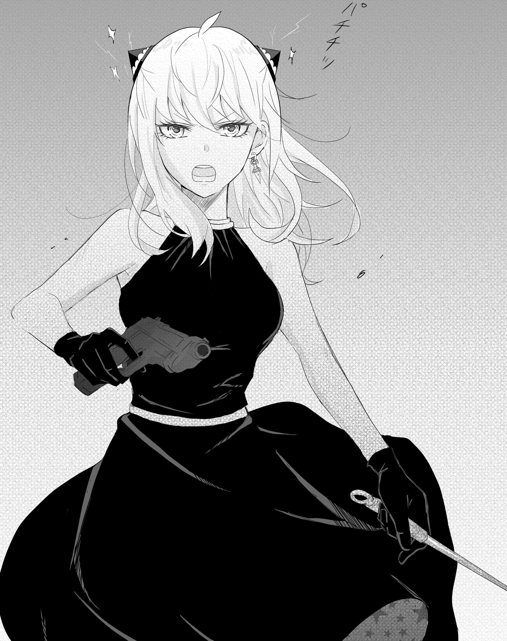 hana (hanauta1110), anya (spy x family), spy x family, commentary request, highres, 1girl, aged up, asymmetrical dual wielding, beretta 92, black dress, breasts, cowboy shot, dagger, dress, dual wielding, earrings, finger on trigger, gloves, greyscale, gun, hairpods, handgun, holding, holding dagger, holding gun, holding knife, holding weapon, jewelry, knife, large breasts, monochrome, open mouth, solo, stiletto (weapon), weapon