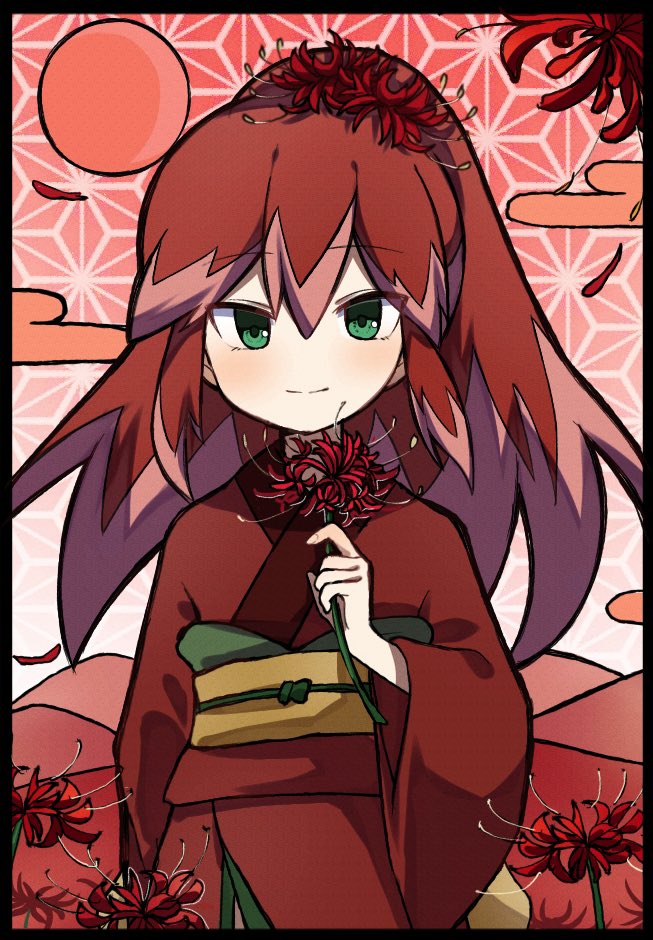 tsubakihime (youkai watch), youkai watch, 1girl, flower, green eyes, hair flower, hair ornament, japanese clothes, kimono, light blush, light smile, looking at viewer, multicolored hair, ponytail, red hair, red kimono, solo, spider lily, two-tone hair, unnchi haha, youkai (youkai watch)