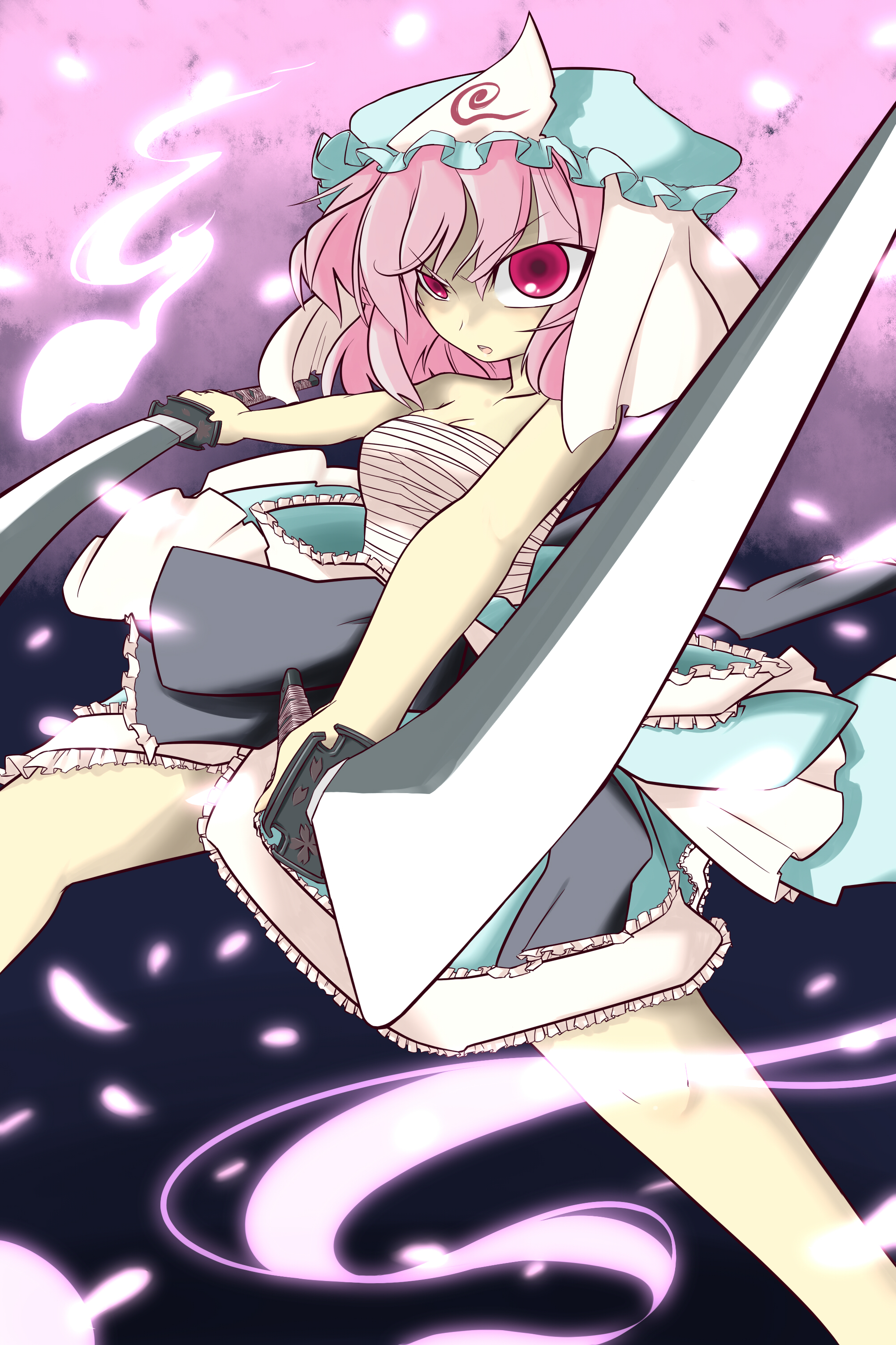 ogihara mach, saigyouji yuyuko, touhou, absurdres, bad id, bad pixiv id, highres, 1girl, dual wielding, female focus, ghost, gradient background, hat, holding, katana, petals, pink eyes, pink hair, sarashi, short hair, solo, sword, weapon