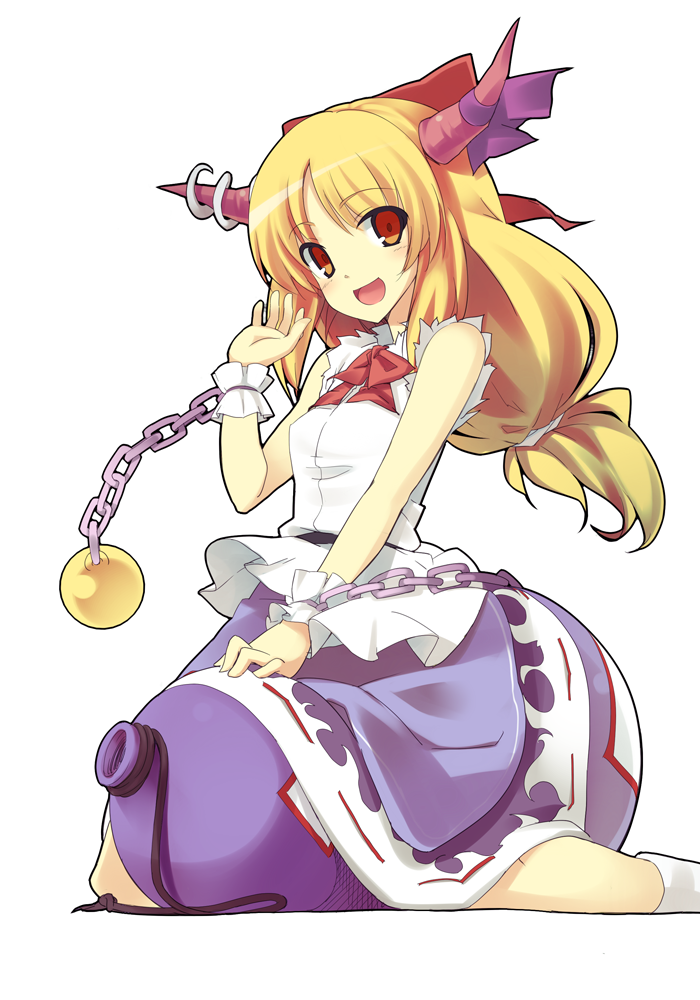 doriruman, ibuki suika, touhou, 1girl, blonde hair, chain, female focus, gourd, hair ribbon, horns, red eyes, ribbon, simple background, sitting, solo, white background