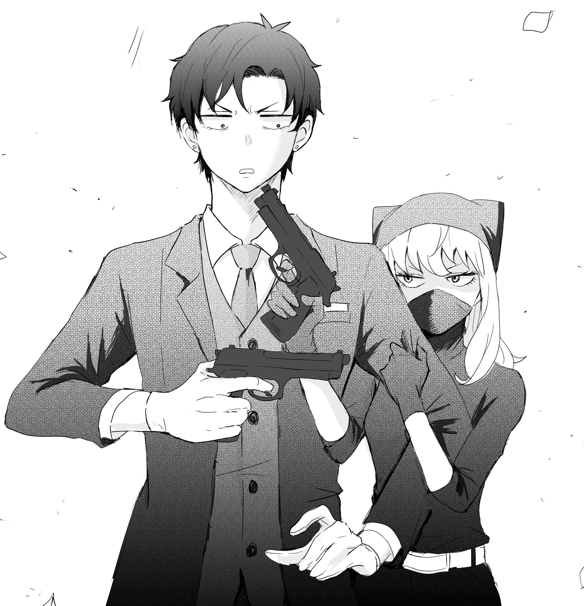hana (hanauta1110), anya (spy x family), damian desmond, spy x family, commentary request, highres, 1boy, 1girl, aged up, aiming, beretta 92, breasts, coat, earrings, gloves, greyscale, gun, handgun, hat, height difference, holding, holding gun, holding weapon, jewelry, mask, medium breasts, monochrome, mouth mask, necktie, stud earrings, weapon