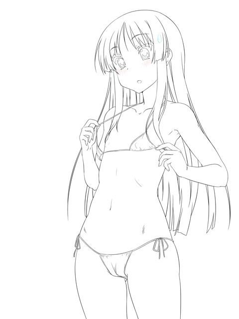kotobuki hajime, akiyama mio, k-on!, 00s, 1girl, alternate breast size (smaller), armpits, bikini, blush, cameltoe, female focus, flat chest, greyscale, lineart, long hair, micro bikini, monochrome, navel, open mouth, side-tie bikini bottom, solo, sweat, swimsuit, undressing