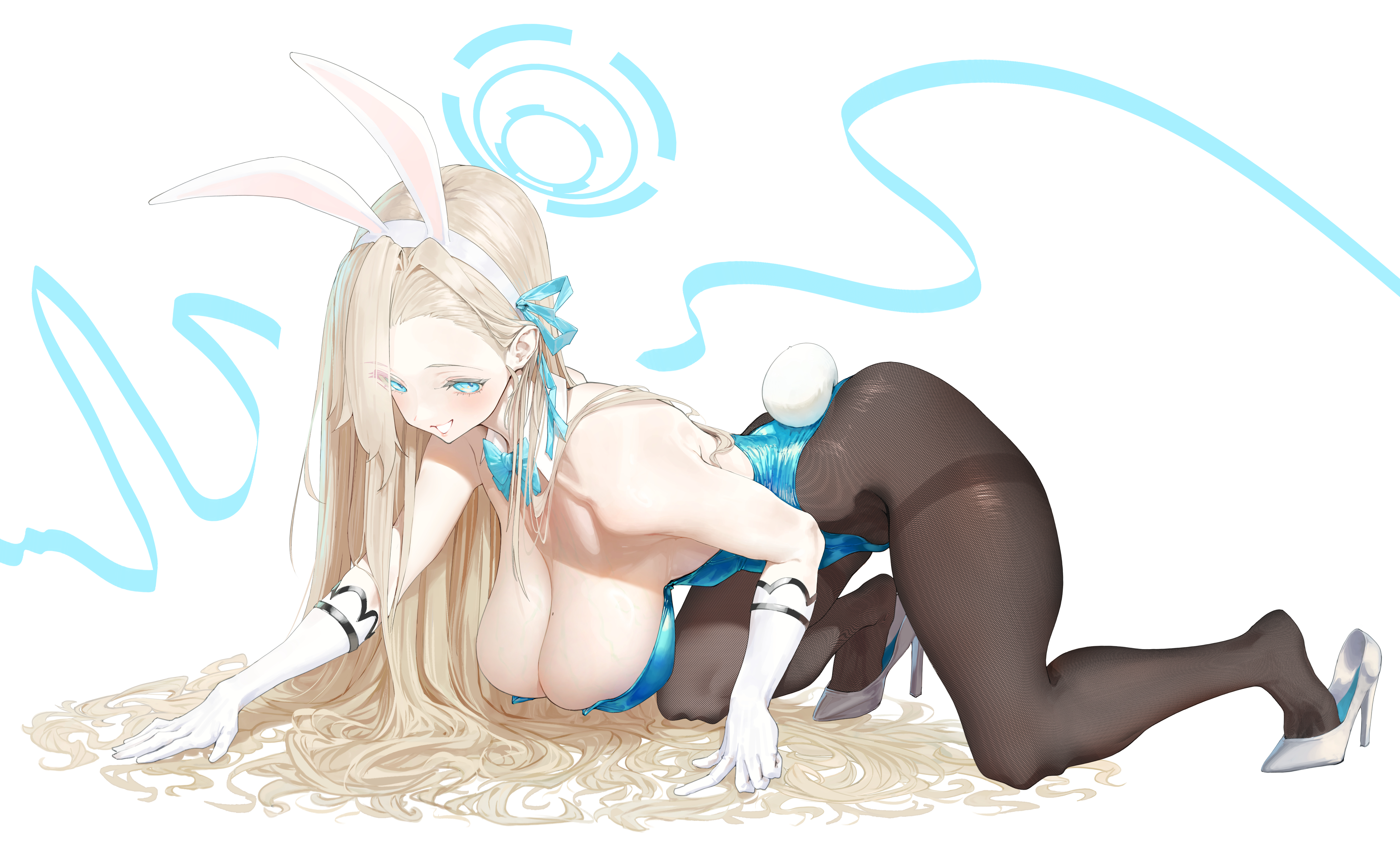 phoebe (user vvpf4584), asuna (blue archive), asuna (bunny) (blue archive), blue archive, absurdres, highres, 1girl, all fours, animal ear hairband, animal ears, bare shoulders, black pantyhose, blonde hair, blue bow, blue bowtie, blue eyes, blue halo, blue leotard, blue ribbon, blush, bow, bowtie, breasts, cleavage, collarbone, detached collar, elbow gloves, fake animal ears, fake tail, full body, gloves, grin, hair over one eye, hair ribbon, hairband, halo, hanging breasts, high heels, highleg, highleg leotard, kneeling, large breasts, leotard, long hair, looking at viewer, mole, mole on breast, official alternate costume, pantyhose, playboy bunny, rabbit ear hairband, rabbit ears, rabbit tail, ribbon, shoes, simple background, smile, solo, strapless, strapless leotard, tail, thighband pantyhose, thighs, traditional bowtie, very long hair, white background, white gloves, white shoes