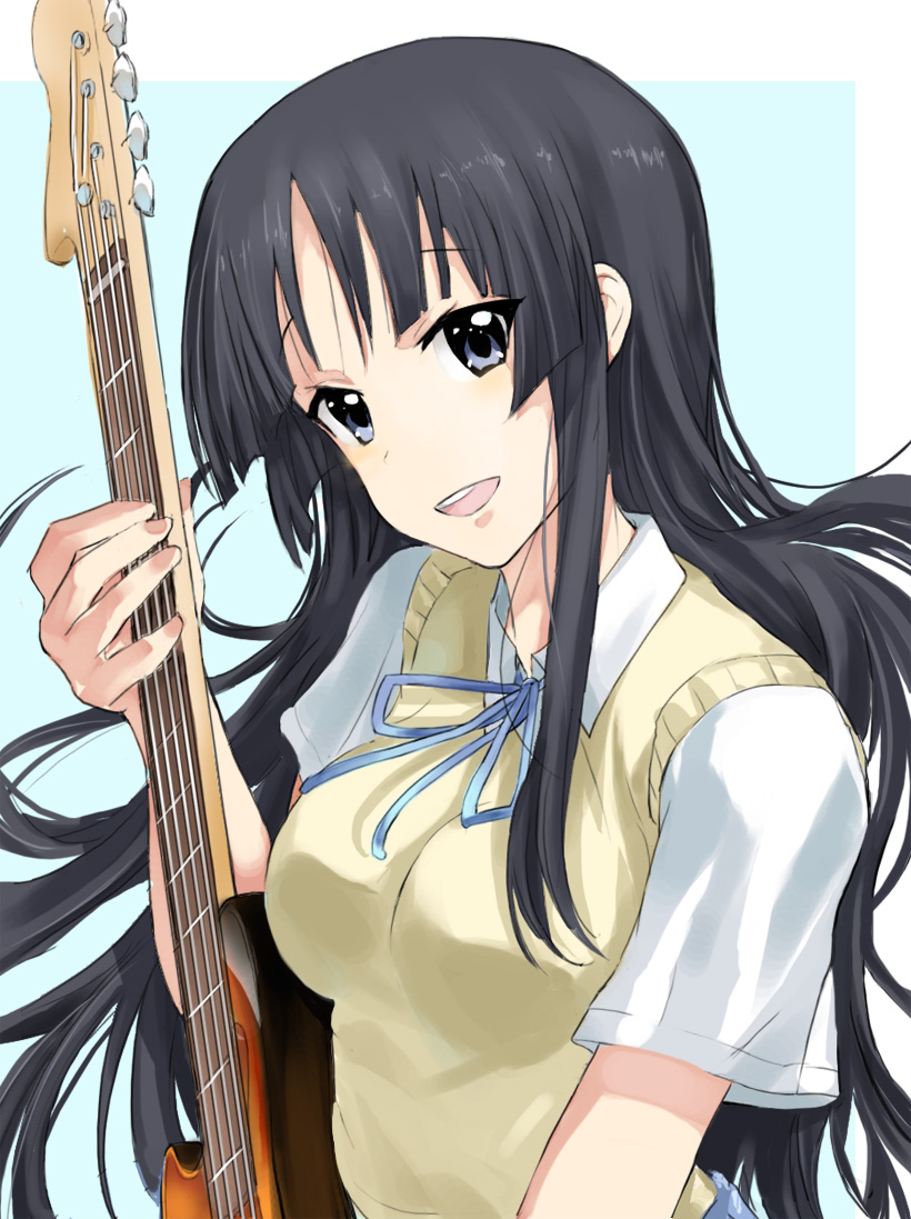 fura, akiyama mio, k-on!, 00s, 1girl, bass guitar, breasts, female focus, instrument, long hair, school uniform, solo, sweater vest, vest