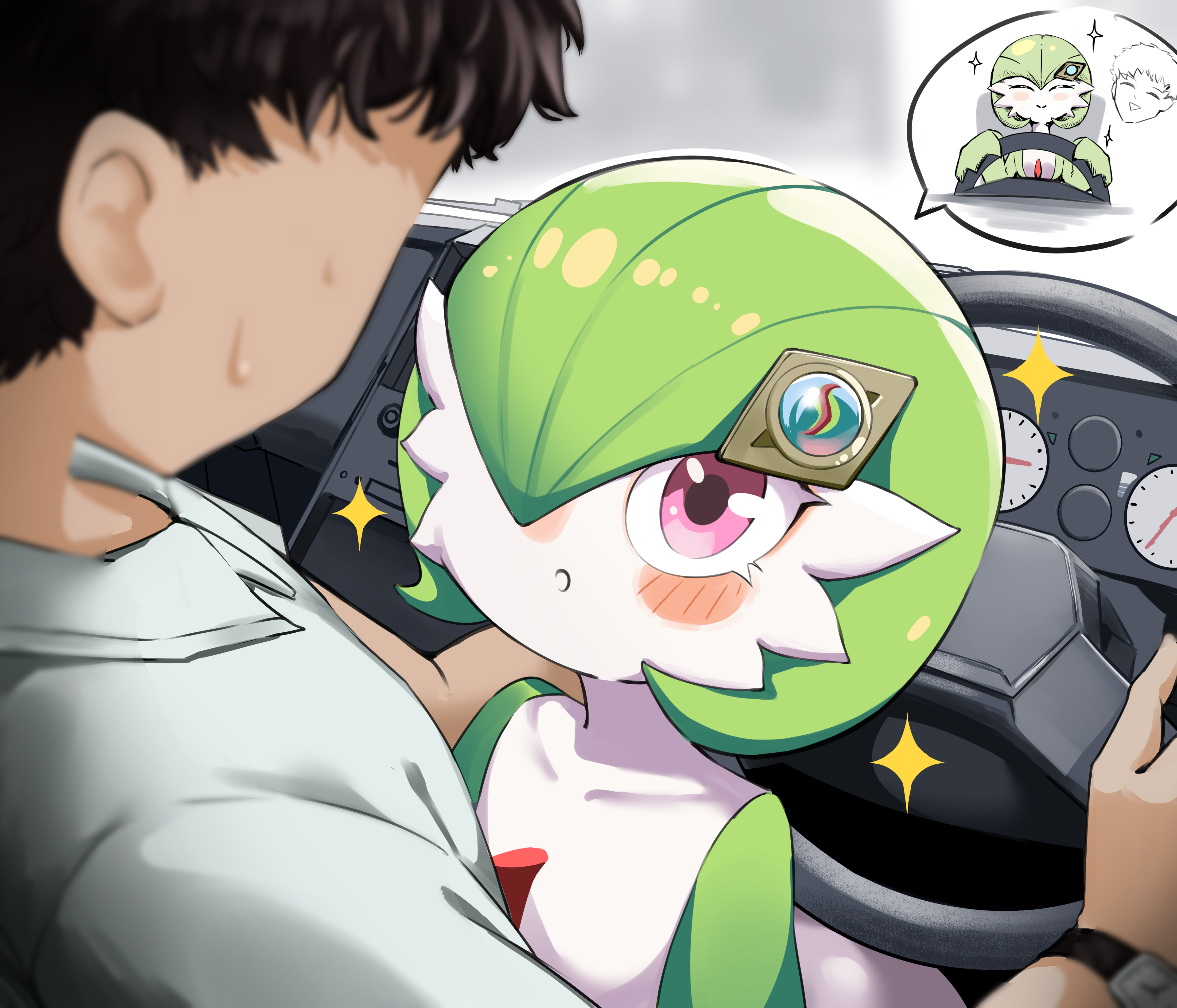 katsuboys, gardevoir, yuugo (pokemon), nintendo, pokemon, pokemon (anime), poketoon, absurdres, highres, 1boy, 1girl, :o, blurry, blurry foreground, blush, blush stickers, bob cut, brown hair, car interior, collarbone, collared shirt, colored skin, faceless, faceless male, flat chest, gen 3 pokemon, green hair, green skin, hair ornament, hair over one eye, hairclip, looking at another, looking up, mega stone, multicolored skin, multiple views, one eye covered, open mouth, pink eyes, pokemon (creature), shirt, short hair, sparkle, speech bubble, spoken character, steering wheel, sweat, two-tone skin, white shirt, white skin