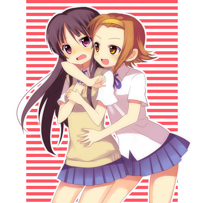 subaru (yachika), akiyama mio, tainaka ritsu, k-on!, striped, 00s, 2girls, hairband, hug, hug from behind, multiple girls, school uniform, tomboy, vest