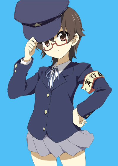 tooya, touya (the-moon), manabe nodoka, k-on!, 00s, 1girl, armband, blazer, brown hair, female focus, glasses, hat, jacket, miniskirt, peaked cap, red-framed eyewear, school uniform, semi-rimless eyewear, short hair, skirt, solo, under-rim eyewear