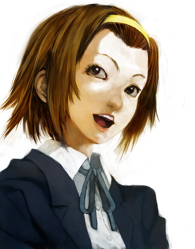 lack, tainaka ritsu, k-on!, bad id, bad pixiv id, 00s, 1girl, brown eyes, brown hair, female focus, hairband, lips, lipstick, makeup, realistic, ribbon, school uniform, short hair, simple background, smile, solo, tomboy, white background