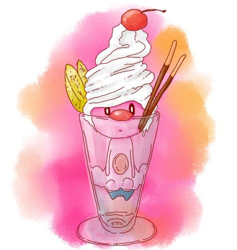 hatoketu, mime jr., nintendo, pokemon, bad id, bad pixiv id, lowres, banana, cherry, creature as food, cup, dessert, food, food as clothes, food focus, food on head, fruit, gen 4 pokemon, ice cream, in container, in cup, no humans, object on head, parfait, pocky, pokefood, pokemon (creature), pokemon focus, simple background, solo, whipped cream, white background
