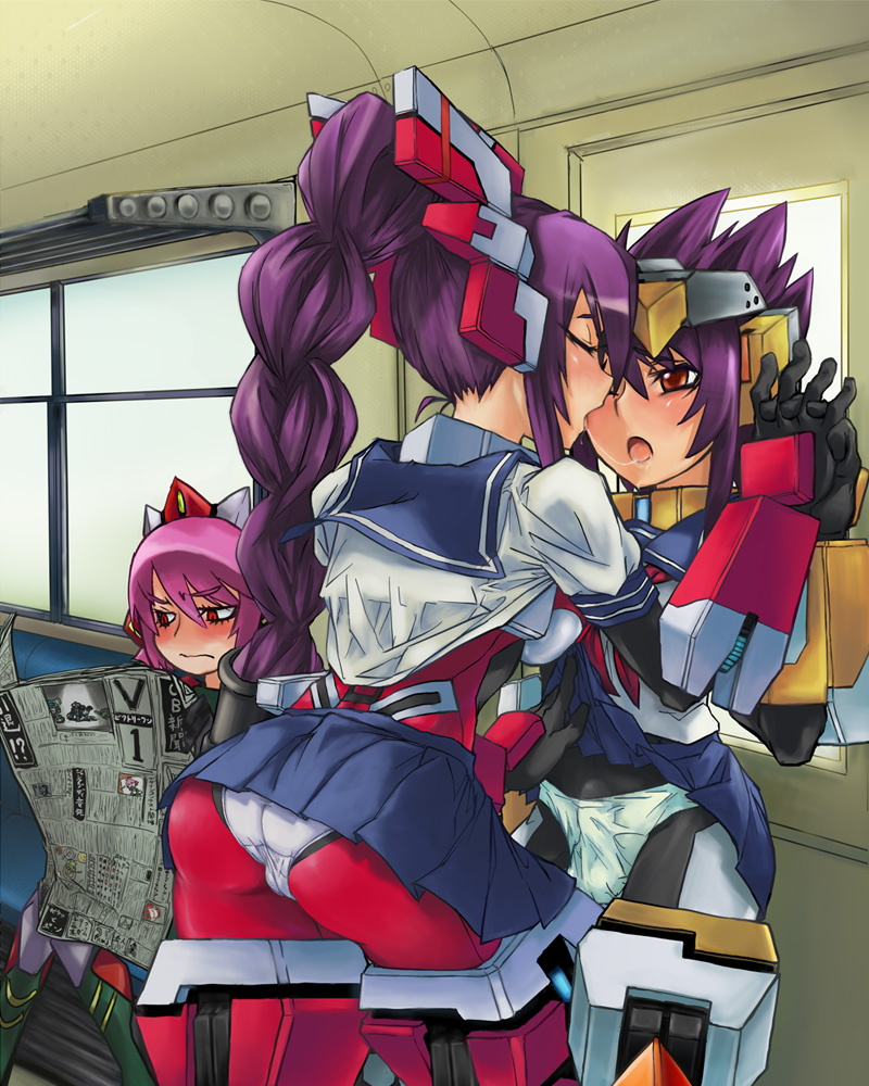 skj, jikun hu, jikun long, winberrl, cosmic break, 1boy, 2girls, androgynous, armor, ass, blush, bodysuit, brown eyes, bulge, cameltoe, closed eyes, clothes lift, crossdressing, dress, green panties, incest, kiss, long hair, mecha, miniskirt, multiple girls, newspaper, open mouth, panties, pantyhose, pantyshot, penis, penis in panties, pink hair, ponytail, purple hair, reading, red eyes, robot, saliva, saliva trail, school uniform, serafuku, short hair, shota, skin tight, skirt, skirt lift, train, train interior, trap, underwear, upskirt, white panties
