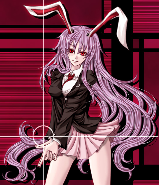 usa-g, reisen udongein inaba, touhou, 1girl, animal ears, blazer, breasts, female focus, finger gun, jacket, long hair, necktie, pleated skirt, purple hair, rabbit ears, red eyes, skirt, solo