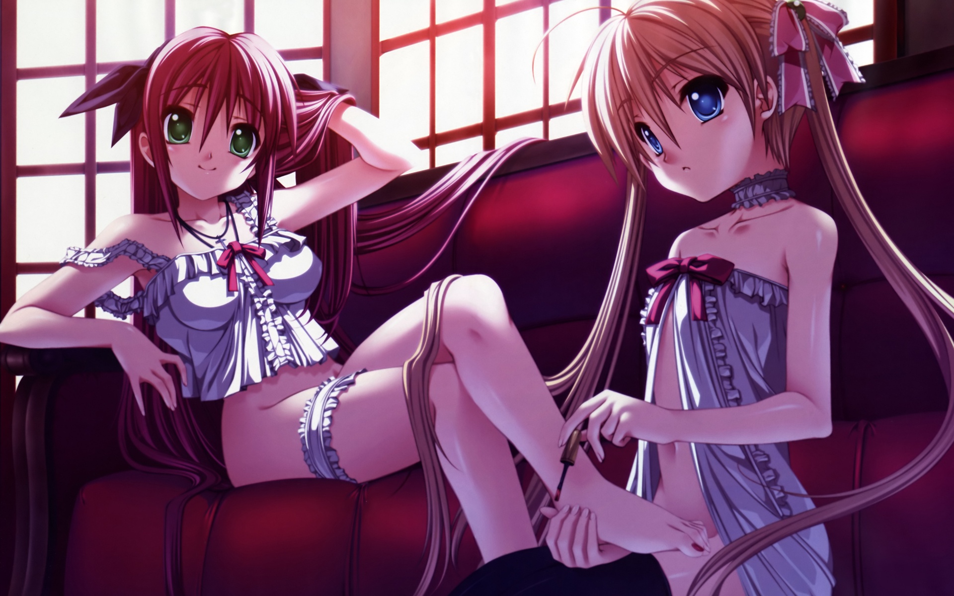 senomoto hisashi, akitsuhara mizuho, sara appleton, like a butler, highres, 2girls, adjusting hair, ahoge, applying pedicure, babydoll, bare shoulders, barefoot, black thighhighs, blonde hair, blouse, blue eyes, bottomless, bustier, camisole, choker, couch, crossed legs, feet, flat chest, foot worship, frilled thigh strap, green eyes, hair ribbon, hands on feet, holding another's foot, lingerie, long hair, multiple girls, nail polish, no panties, open clothes, open shirt, pink hair, ribbon, shirt, sitting, smile, strap slip, sunlight, thigh strap, thighhighs, toenail polish, toenails, toes, twintails, underwear, very long hair