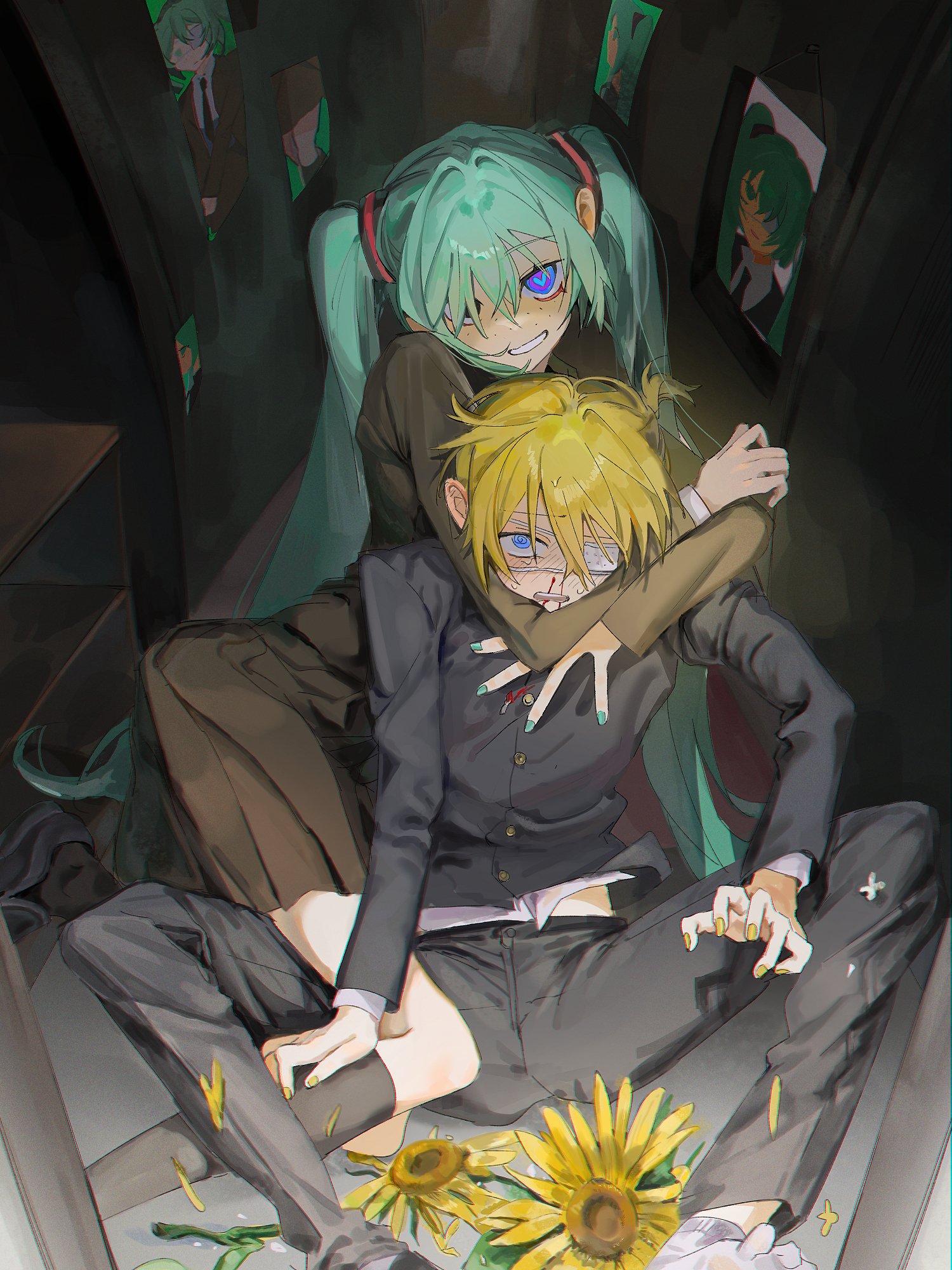 hatsune miku, kagamine len, monitoring (vocaloid), vocaloid, highres, 1boy, 1girl, @ @, black socks, blood, canm0 3, choke hold, eyepatch, flower, gakuran, heart, heart-shaped pupils, medical eyepatch, nosebleed, school uniform, socks, spread legs, strangling, sunflower, symbol-shaped pupils, yellow nails