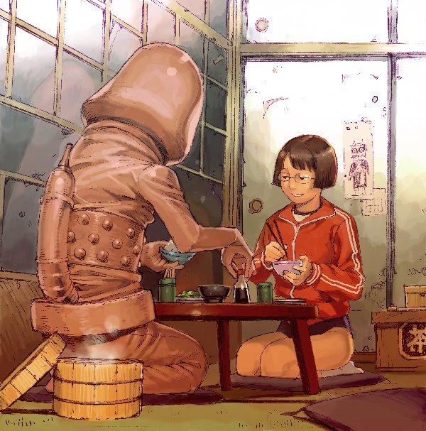 shinofusa rokurou, white legwear, non-web source, 1girl, 1other, bob cut, bowl, brown eyes, buruma, chopsticks, costume, dildo, eating, food, full body, glasses, gym uniform, indoors, jacket, kneeling, misplaced genitals, no shoes, ohitsu, penis head, personification, phallic symbol, rabbit vibrator, rice, rice bowl, seiza, sex toy, short hair, sitting, smile, socks, soy sauce, surreal, table, tatami, track jacket, vibrator, warmup jacket, what