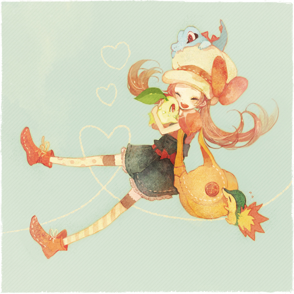 pechika, chikorita, cyndaquil, lyra (pokemon), totodile, nintendo, pokemon, pokemon hgss, bad id, bad pixiv id, 00s, 1girl, ankle boots, boots, bow, brown hair, closed eyes, full body, gen 2 pokemon, happy, hat, hat ribbon, heart, hug, kneehighs, newsboy cap, overalls, pokemon (creature), red ribbon, ribbon, simple background, smile, socks, starter pokemon trio, twintails