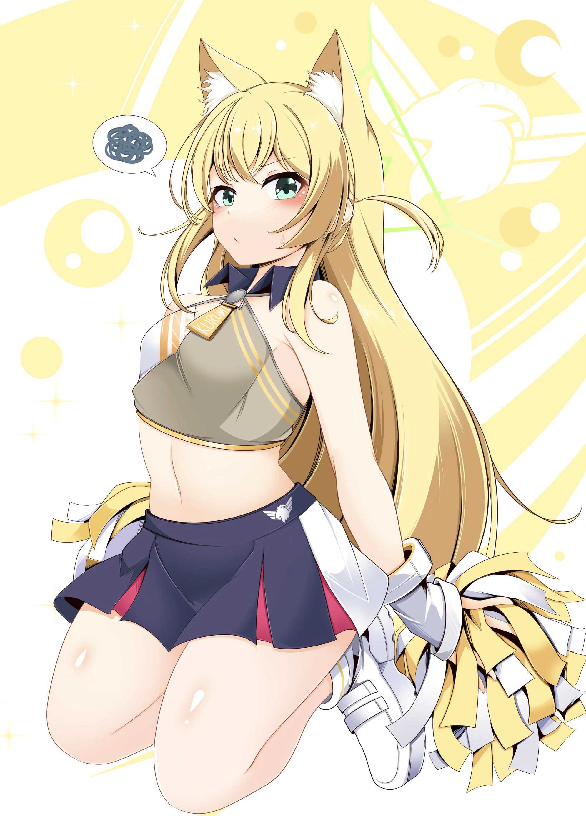 kagayai akira, kurumi (blue archive), blue archive, absurdres, commentary request, highres, 1girl, :/, alternate costume, animal ears, arms behind back, bare shoulders, black skirt, blonde hair, blush, breasts, character name, cheerleader, closed mouth, detached collar, fox ears, fox girl, frown, full body, gloves, green eyes, hair between eyes, holding, holding pom poms, kneeling, long hair, looking at viewer, millennium science school logo, miniskirt, name tag, pleated skirt, pom pom (cheerleading), pom poms, shoes, sidelocks, simple background, skirt, small breasts, sneakers, solo, speech bubble, spoken squiggle, squiggle, straight hair, sweat, sweatdrop, thighs, two side up, v-shaped eyebrows, very long hair, white background, white gloves, white shoes