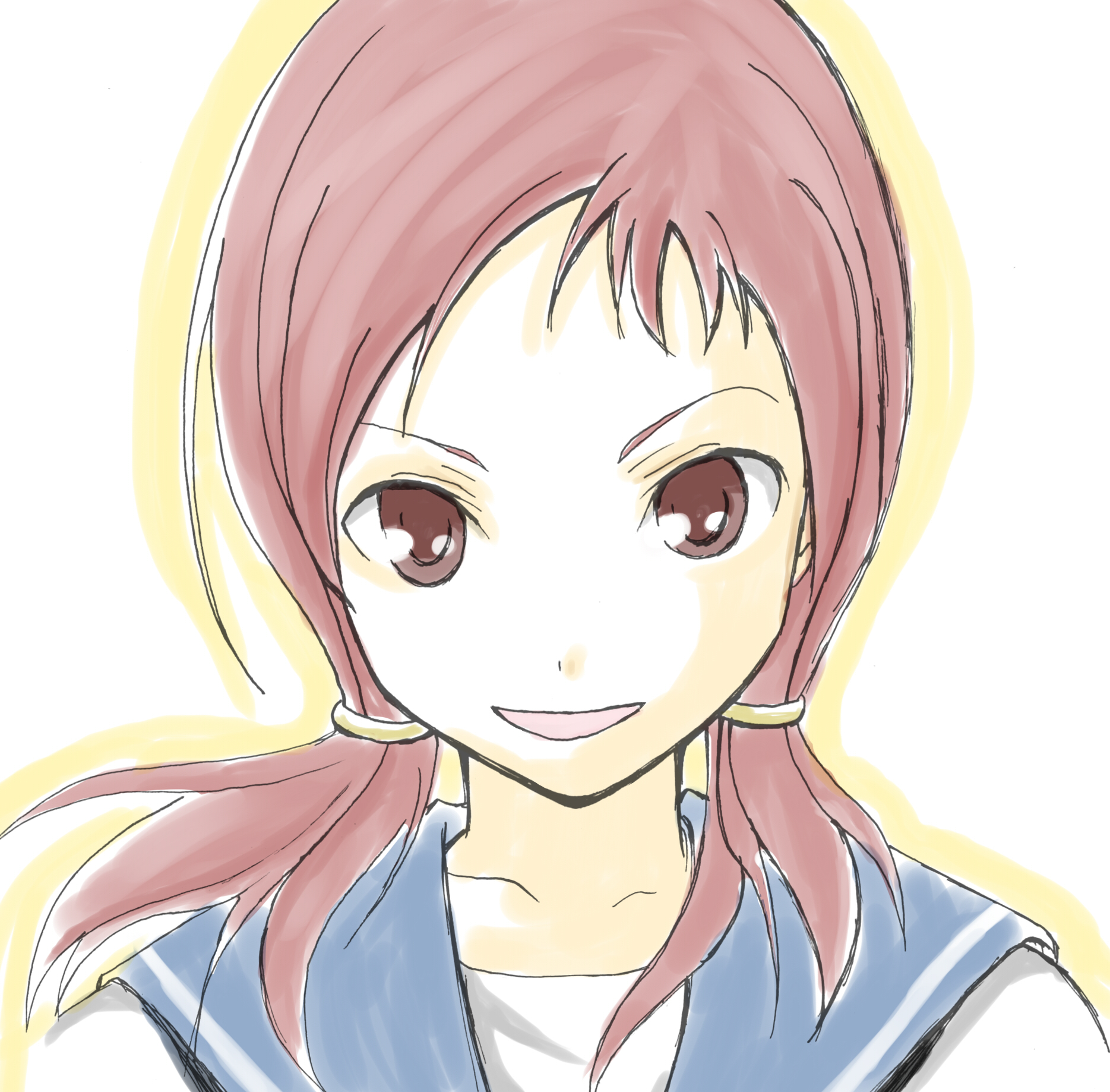 uchuu no gomi, takei hisa, saki (manga), highres, 00s, hair ornament, hairband, red eyes, red hair, school uniform, serafuku, sketch, smile, solo, twintails