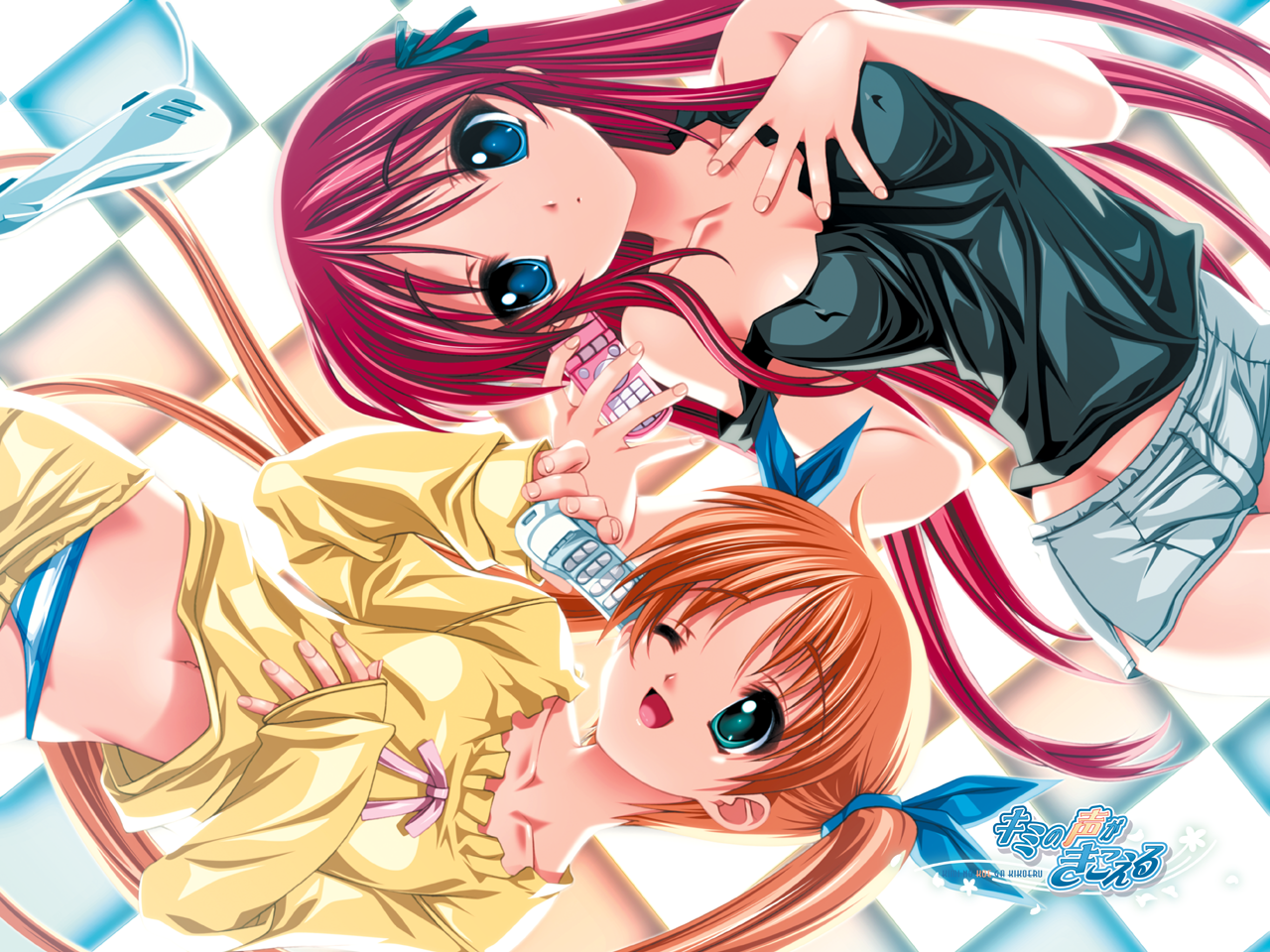 senomoto hisashi, iizuka miyuki, shikishima sakura, kimi no koe ga kikoeru, 2girls, blonde hair, blue eyes, breasts, cellphone, covered erect nipples, hair ribbon, long hair, midriff, multiple girls, navel, one eye closed, open mouth, pajamas, panties, phone, red hair, ribbon, short shorts, shorts, small breasts, striped clothes, striped panties, twintails, underwear, very long hair, wink