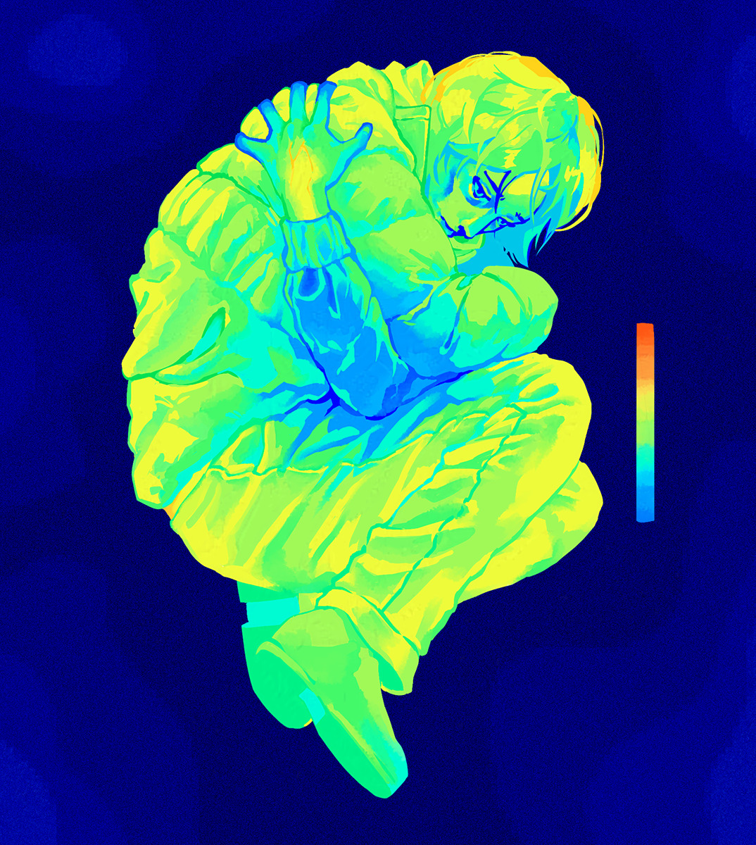 coat guy (no i'm not a human), no i'm not a human, highres, 1boy, blue background, coat, colorful, fetal position, full body, jacket, jisolpark, male focus, nose, painterly, pants, rainbow, self hug, shoes, short hair, solo, thermal imaging, veins