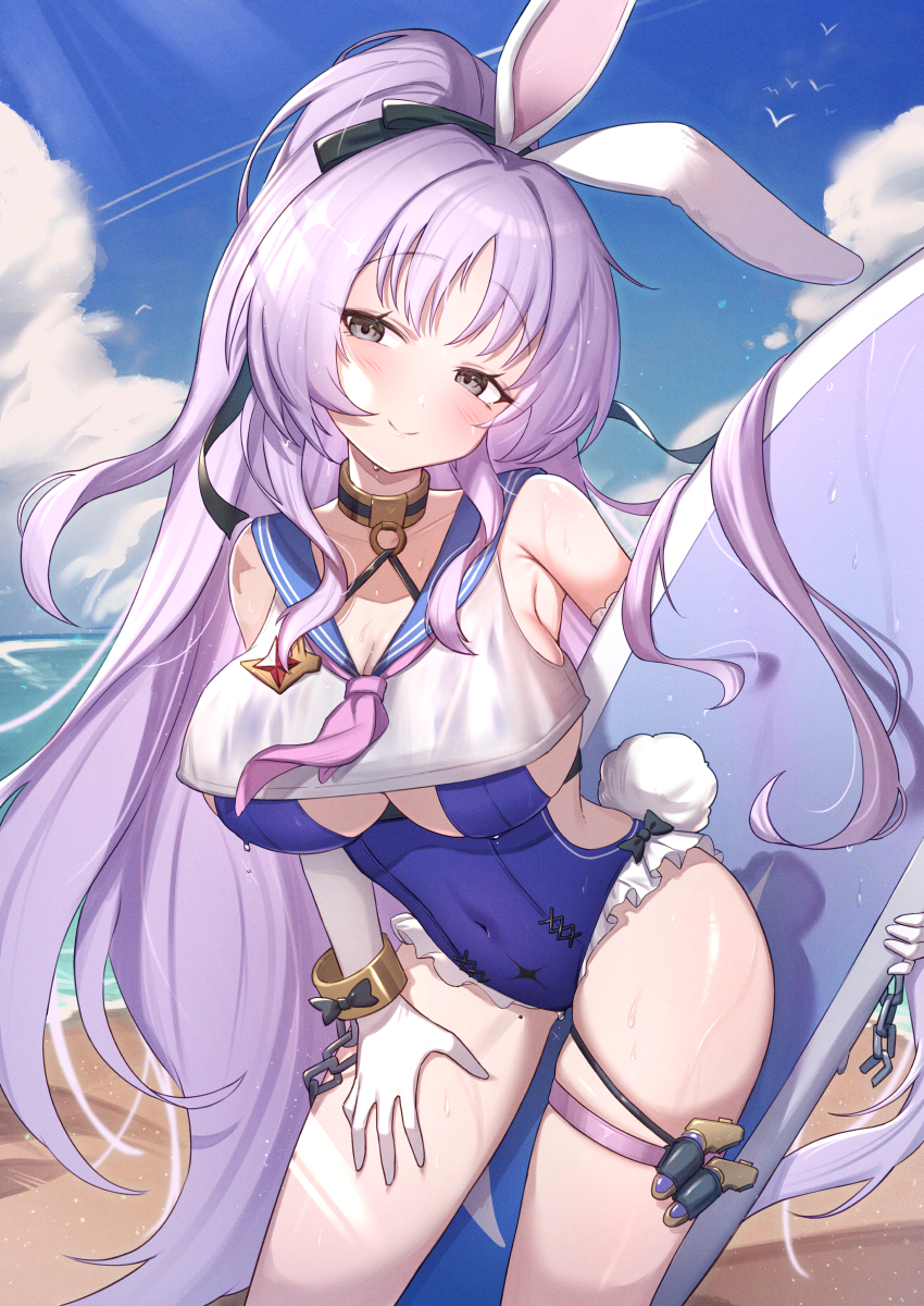 uneg, shia (stella sora), stella sora, commentary, highres, 1girl, animal ears, bare shoulders, beach, black eyes, blue one-piece swimsuit, blue sailor collar, blue sky, blush, breasts, casual one-piece swimsuit, cleavage, closed mouth, cloud, contrapposto, covered navel, cowboy shot, cropped shirt, day, elbow gloves, frilled one-piece swimsuit, frills, gloves, hand on own thigh, high ponytail, holding, holding surfboard, large breasts, long hair, looking at viewer, neckerchief, ocean, one-piece swimsuit, outdoors, pink neckerchief, ponytail, purple hair, rabbit ears, rabbit tail, sailor collar, sailor shirt, shirt, sky, smile, solo, surfboard, swimsuit, tail, thigh strap, very long hair, white gloves, white shirt