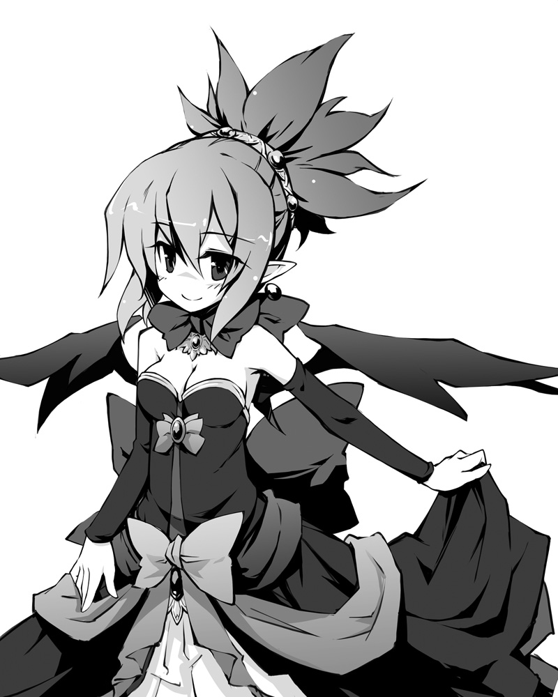yukitarou (awamori), rozalin, disgaea, makai senki disgaea 2, nippon ichi, 1girl, breasts, cleavage, dress, female focus, greyscale, medium breasts, monochrome, solo, strapless, strapless dress