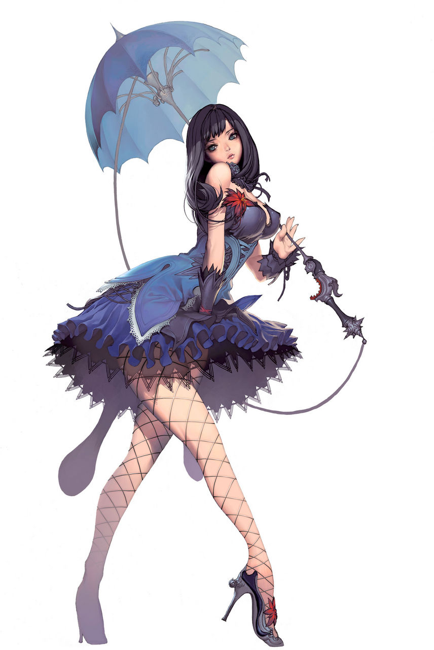 kim hyung tae, clare setilan, magna carta, magna carta 2, highres, black hair, breasts, dress, fishnets, high heels, long hair, shoes, umbrella