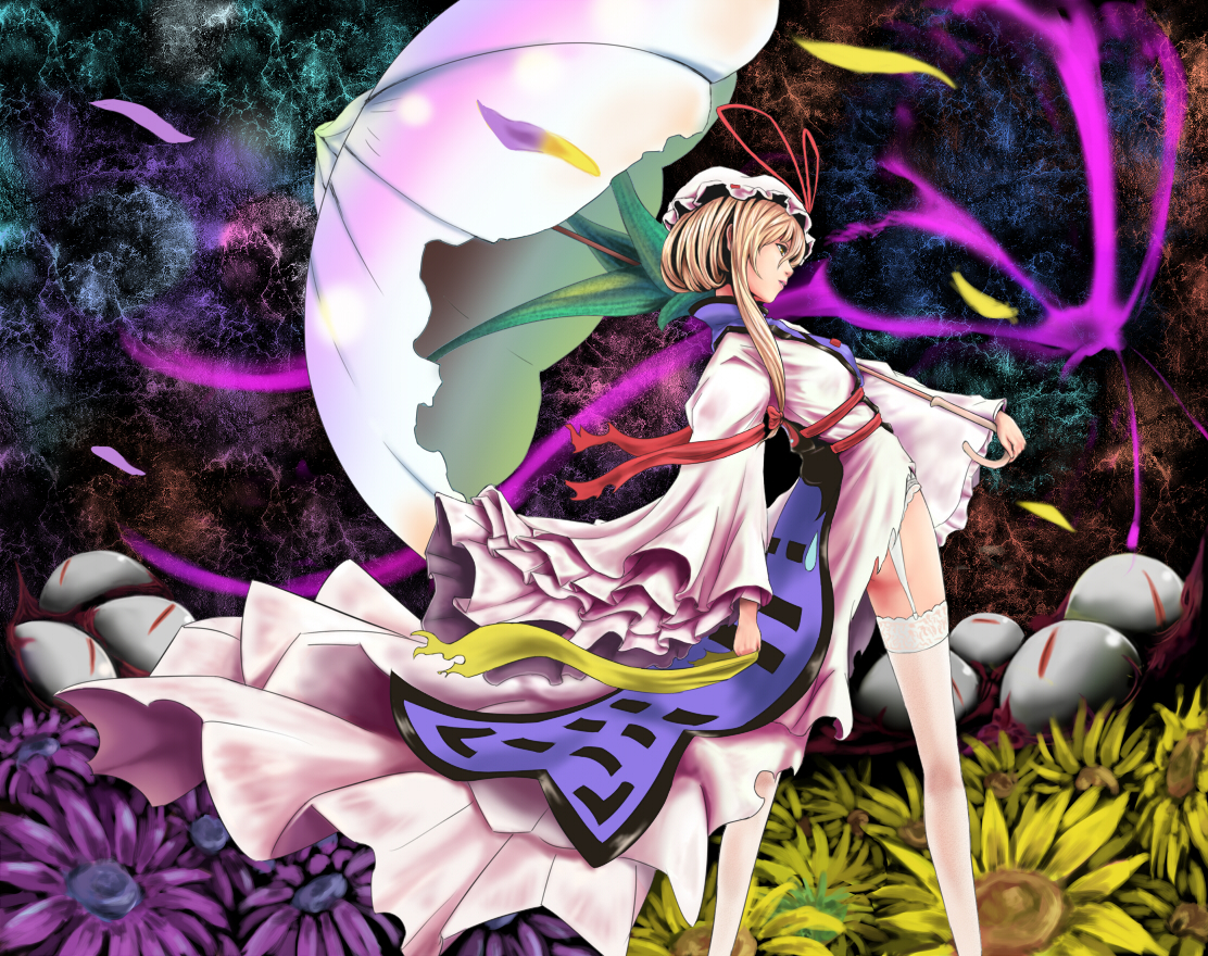 kouzilow, yakumo yukari, touhou, 1girl, female focus, flower, nature, outdoors, solo, sunflower, torn clothes, umbrella