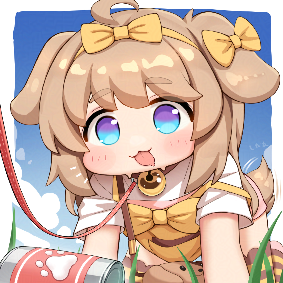 cedar (cedar japonica), butter (trickcal), trickcal, adversarial noise, commentary request, large variant set, paid reward available, variant set, 1girl, :3, ahoge, all fours, animal ears, blue eyes, bow, brown hair, collar, dog ears, dog girl, dog tail, leash, solo, tail