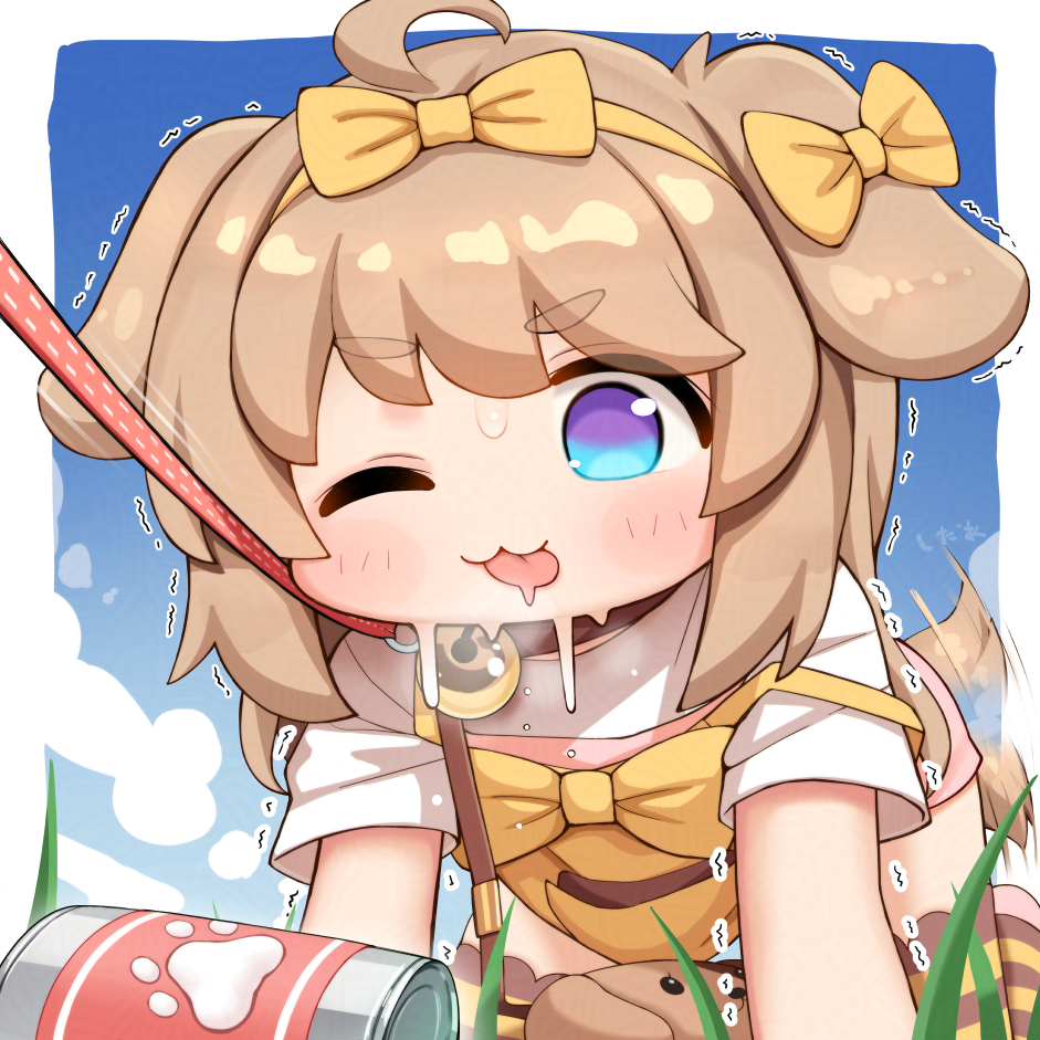cedar (cedar japonica), butter (trickcal), trickcal, adversarial noise, commentary request, large variant set, paid reward available, variant set, 1girl, ahoge, all fours, animal ears, blue eyes, bow, brown hair, collar, dog ears, dog girl, dog tail, leash, one eye closed, solo, tail