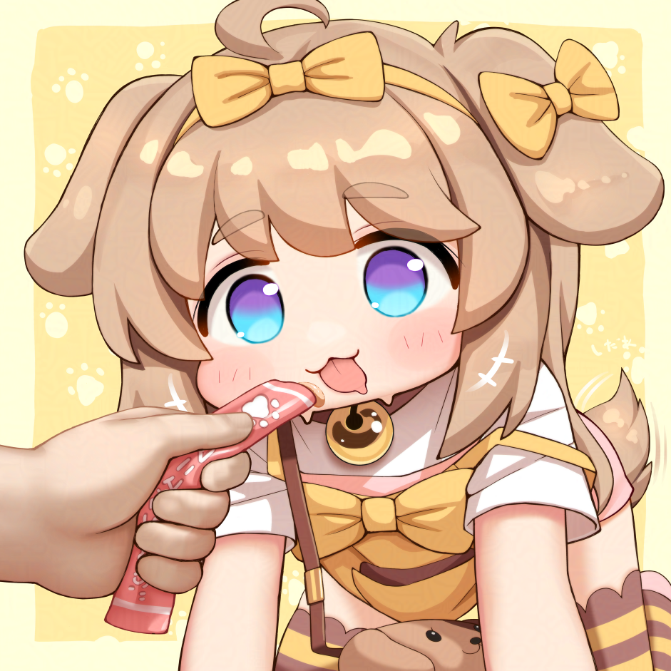 cedar (cedar japonica), butter (trickcal), trickcal, adversarial noise, commentary request, large variant set, paid reward available, variant set, 1girl, ahoge, all fours, animal ears, blue eyes, bow, collar, dog ears, dog girl, dog tail, striped clothes, striped thighhighs, tail, thighhighs
