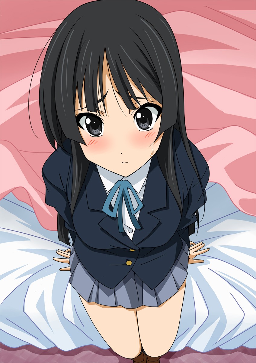 moeshino, akiyama mio, k-on!, highres, non-web source, 00s, 1girl, bed, black eyes, black hair, blazer, blush, female focus, from above, jacket, long hair, looking up, school uniform, sitting, skirt, solo, sweat