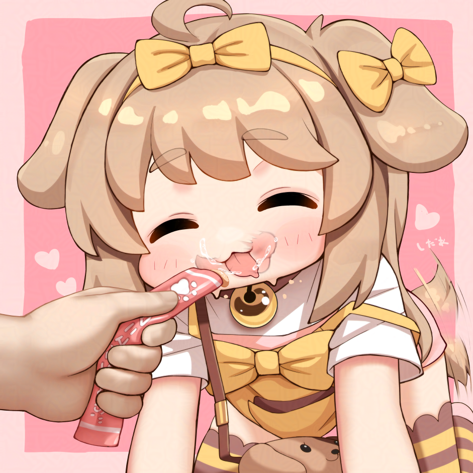 cedar (cedar japonica), butter (trickcal), trickcal, adversarial noise, commentary request, large variant set, paid reward available, variant set, 1girl, ahoge, animal ears, bow, brown hair, closed eyes, dog ears, dog girl, dog tail, solo focus, striped clothes, striped thighhighs, tail, thighhighs, yellow bow
