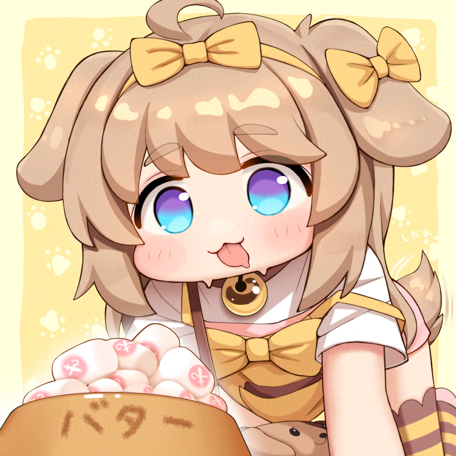 cedar (cedar japonica), butter (trickcal), trickcal, adversarial noise, commentary request, large variant set, paid reward available, variant set, 1girl, ahoge, animal ears, blue eyes, bow, dog ears, dog girl, dog tail, food, solo, striped clothes, striped thighhighs, tail, thighhighs
